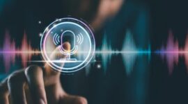 Voice recording. Man touching microphone icon on smartphone. Mobile application record sound, audio, music, voice message or use your voice to direct AI to search for information on Internet.