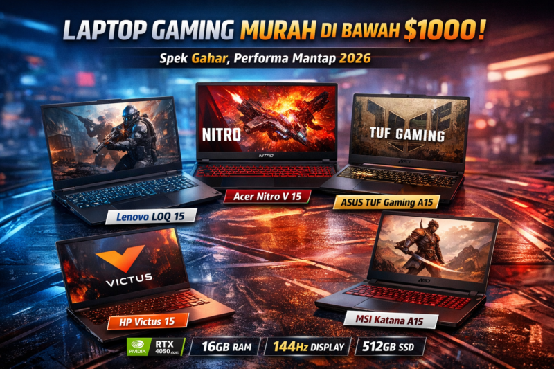 rekomendasi laptop di bawah $1000 dengan RTX 4050, RAM 16GB, dan layar 144Hz untuk gaming lancar.