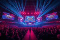 Atmosfer megah panggung MSC 2026 Mobile Legends di Esports World Cup Riyadh yang dipenuhi penonton dan sorotan lampu spektakuler.