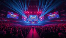 Atmosfer megah panggung MSC 2026 Mobile Legends di Esports World Cup Riyadh yang dipenuhi penonton dan sorotan lampu spektakuler.