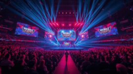 Atmosfer megah panggung MSC 2026 Mobile Legends di Esports World Cup Riyadh yang dipenuhi penonton dan sorotan lampu spektakuler.