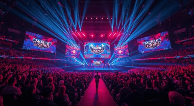 Atmosfer megah panggung MSC 2026 Mobile Legends di Esports World Cup Riyadh yang dipenuhi penonton dan sorotan lampu spektakuler.