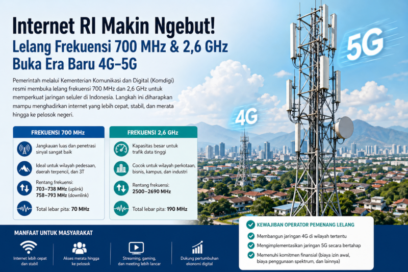 Ilustrasi menara BTS jaringan 4G dan 5G di kawasan perkotaan. Pemerintah melalui Kementerian Komunikasi dan Digital melelang frekuensi 700 MHz dan 2,6 GHz untuk mempercepat dan memperluas akses internet di seluruh Indonesia.