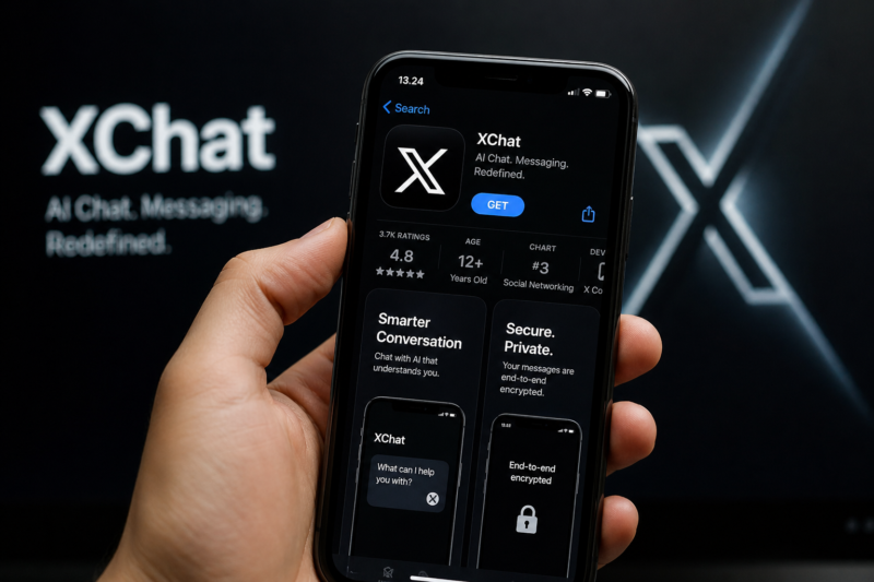 Teks Foto (Caption):
Tampilan aplikasi XChat di iPhone yang mulai viral di 2026, menawarkan fitur chat berbasis AI dengan keamanan end-to-end encryption serta integrasi platform X (Twitter).