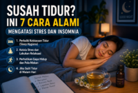 Ilustrasi suasana kamar nyaman dengan teknik relaksasi alami untuk membantu mengatasi stres dan insomnia agar tidur lebih nyenyak.