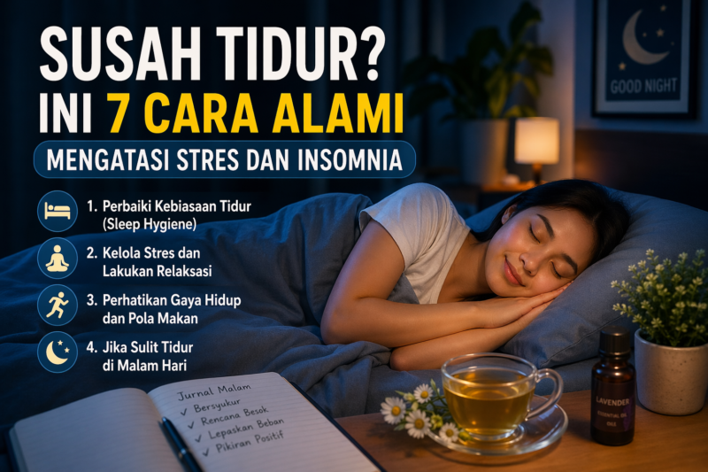 Ilustrasi suasana kamar nyaman dengan teknik relaksasi alami untuk membantu mengatasi stres dan insomnia agar tidur lebih nyenyak.