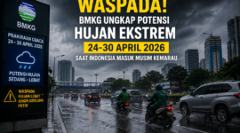 Teks Foto:
Sejumlah pengendara melintasi jalan saat hujan deras mengguyur kawasan perkotaan, mencerminkan potensi cuaca ekstrem di Indonesia pada periode 24–30 April 2026 berdasarkan prakiraan Badan Meteorologi, Klimatologi, dan Geofisika (BMKG).
