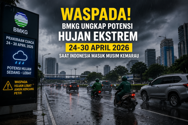 Teks Foto:
Sejumlah pengendara melintasi jalan saat hujan deras mengguyur kawasan perkotaan, mencerminkan potensi cuaca ekstrem di Indonesia pada periode 24–30 April 2026 berdasarkan prakiraan Badan Meteorologi, Klimatologi, dan Geofisika (BMKG).