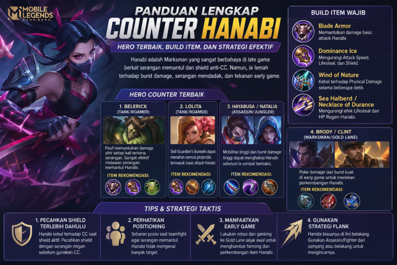 Cara lengkap counter Hanabi di Mobile Legends: Bang Bang, mulai dari hero terbaik seperti Belerick, Lolita, hingga Assassin mematikan seperti Hayabusa dan Natalia. Gunakan build item seperti Blade Armor, Dominance Ice, dan Wind of Nature serta strategi flank dan early pressure untuk menghentikan dominasi Hanabi di late game