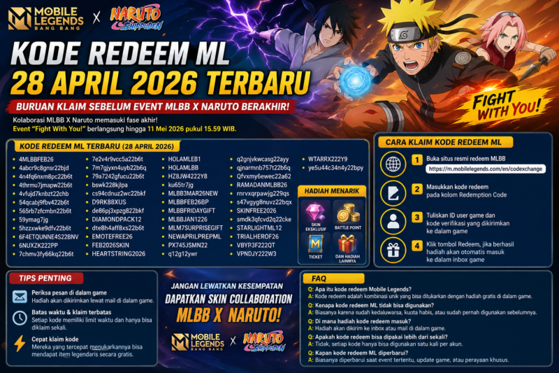 Kode Redeem ML 28 April 2026 Terbaru! Buruan klaim sekarang sebelum event kolaborasi Mobile Legends: Bang Bang x Naruto berakhir dan dapatkan hadiah gratis seperti skin eksklusif, battle point, dan item langka!