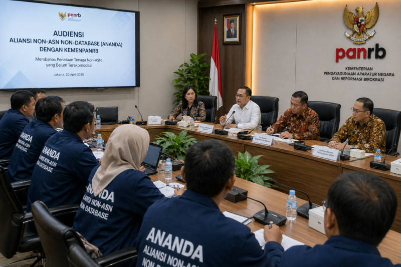 Teks Foto:
Sejumlah perwakilan honorer non-database yang tergabung dalam ANANDA melakukan audiensi dengan KemenPANRB di Jakarta, membahas nasib tenaga non-ASN yang belum terakomodasi dalam skema PPPK dan peluang penataan ASN ke depan.