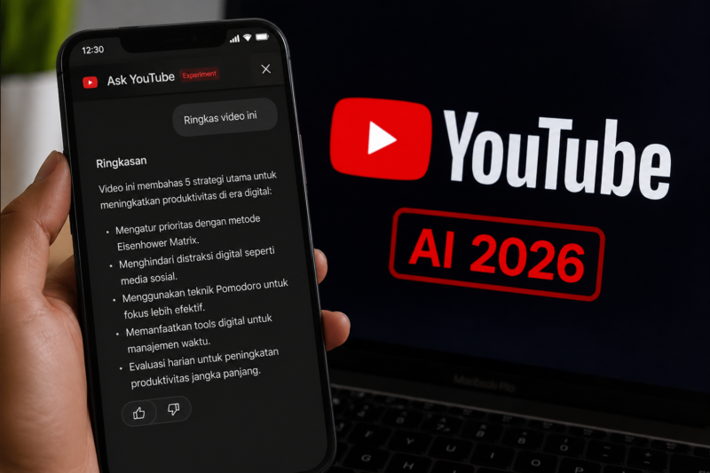 Teks Foto:
Fitur Ask YouTube 2026 memungkinkan pengguna merangkum video secara instan menggunakan teknologi AI canggih, membuat konsumsi konten jadi lebih cepat, praktis, dan efisien.