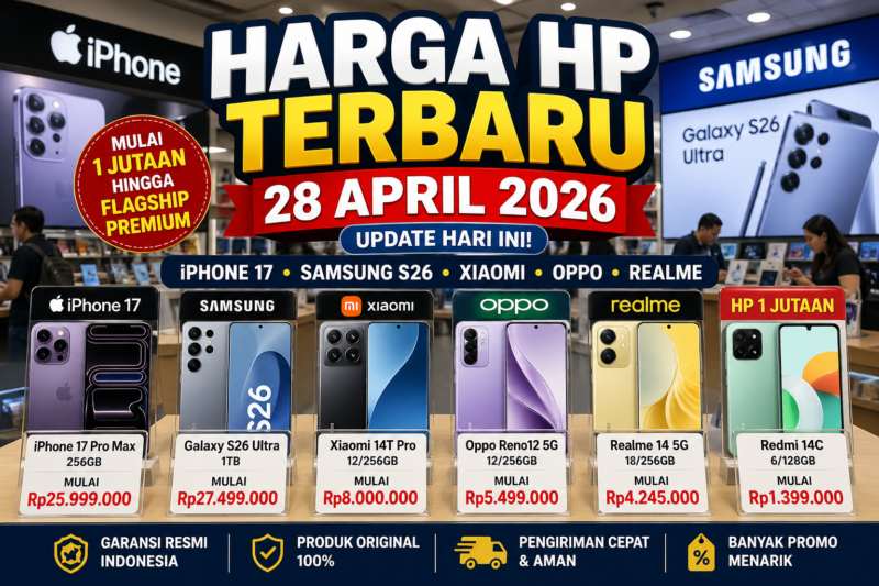 Daftar harga HP terbaru di Indonesia per 28 April 2026 menunjukkan beragam pilihan mulai dari kelas entry-level hingga flagship seperti iPhone 17 dan Samsung Galaxy S26