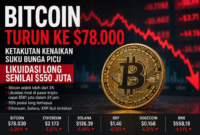 Teks Foto:
Bitcoin anjlok ke level US$78.000 setelah gelombang likuidasi besar mengguncang pasar kripto global. Kekhawatiran kenaikan suku bunga dan inflasi tinggi memicu tekanan jual besar-besaran di aset digital.