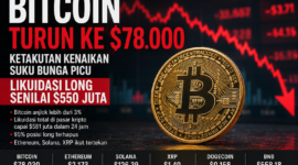 Teks Foto:
Bitcoin anjlok ke level US$78.000 setelah gelombang likuidasi besar mengguncang pasar kripto global. Kekhawatiran kenaikan suku bunga dan inflasi tinggi memicu tekanan jual besar-besaran di aset digital.