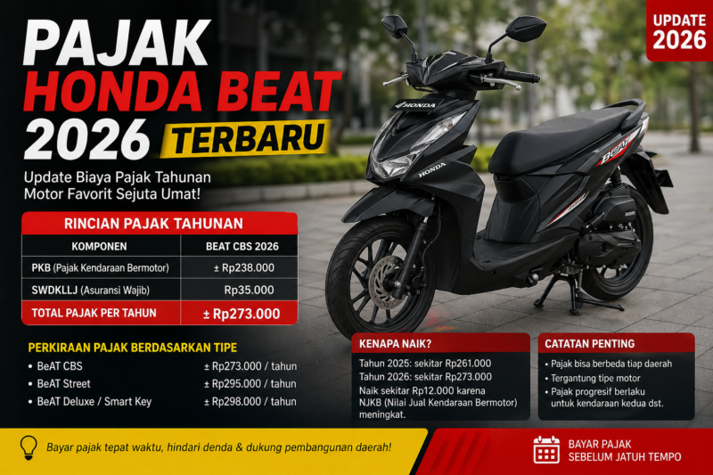 Pajak Honda BeAT 2026 resmi diperbarui dengan kisaran biaya tahunan mulai Rp270 ribuan. Kenaikan tipis ini dipengaruhi oleh penyesuaian nilai kendaraan, namun tetap menjadikan BeAT sebagai motor paling hemat biaya operasional di kelasnya. Pastikan bayar pajak tepat waktu agar terhindar dari denda dan tetap nyaman berkendara setiap hari.