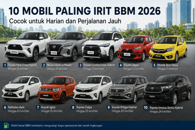 Teks Foto:
“Daftar mobil paling irit BBM 2026 untuk harian dan perjalanan jauh, mulai dari city car hingga SUV hybrid modern dengan konsumsi bahan bakar super hemat.”