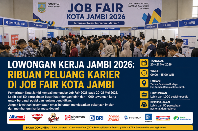 Job Fair Kota Jambi 2026 Resmi Dibuka!
Lebih dari 1.000 lowongan kerja dari puluhan perusahaan besar siap diperebutkan. Fresh graduate hingga profesional muda diajak memanfaatkan peluang emas ini untuk membangun karier impian.
