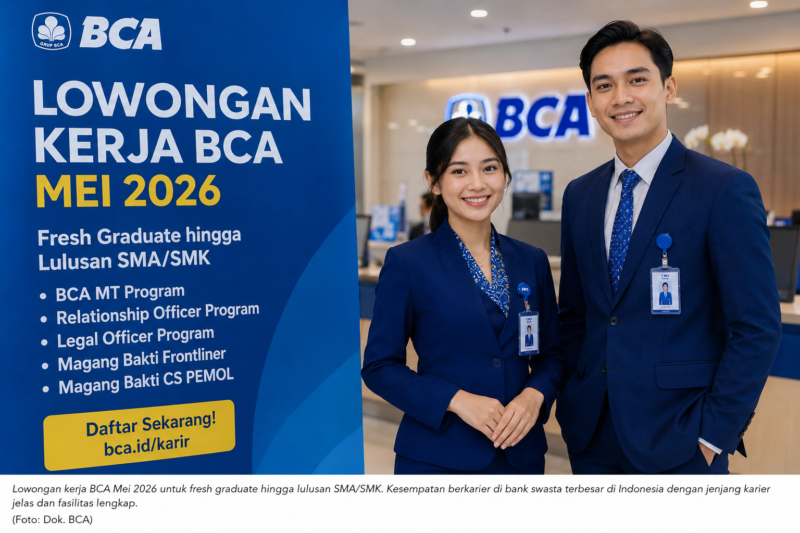 Lowongan kerja BCA Mei 2026 resmi dibuka untuk fresh graduate hingga lulusan SMA/SMK dengan berbagai posisi menarik dan peluang karier di dunia perbankan.