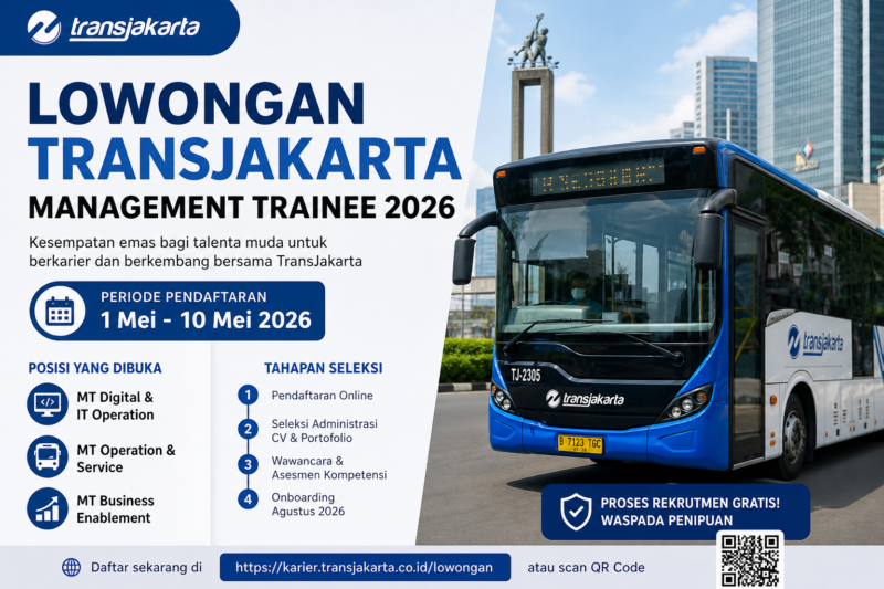 Lowongan Management Trainee 2026 PT Transportasi Jakarta resmi dibuka pada 1–10 Mei 2026, menawarkan peluang karier bagi talenta muda melalui program pengembangan profesional di sektor transportasi publik.