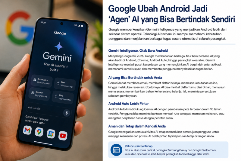 Teks foto:
Google menghadirkan Gemini Intelligence yang mengubah Android menjadi agen AI pintar yang mampu menjalankan tugas otomatis lintas aplikasi. Teknologi ini diprediksi menjadi masa depan smartphone dan ekosistem digital modern pada 2026.