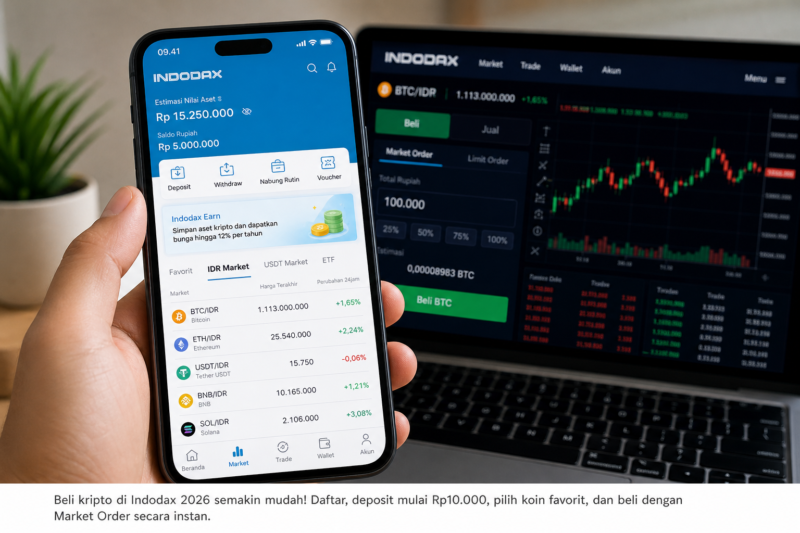 Beli kripto di Indodax 2026 kini makin praktis lewat smartphone, mulai dari deposit Rp10.000 hingga transaksi instan dengan Market Order.