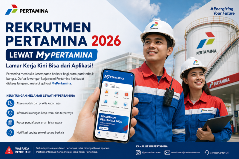 Cek lowongan resmi, daftar online, dan pantau proses seleksi langsung dari HP.
Waspada penipuan, seluruh rekrutmen Pertamina gratis tanpa biaya.
