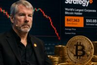 Michael Saylor berdiri di depan grafik Bitcoin yang sedang turun.