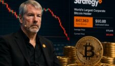 Michael Saylor berdiri di depan grafik Bitcoin yang sedang turun.