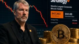 Michael Saylor berdiri di depan grafik Bitcoin yang sedang turun.