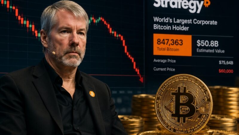 Michael Saylor berdiri di depan grafik Bitcoin yang sedang turun.