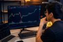 Ilustrasi trader muda sedang menganalisis grafik candlestick Bitcoin di layar komputer modern