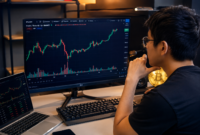 Ilustrasi trader muda sedang menganalisis grafik candlestick Bitcoin di layar komputer modern