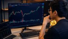 Ilustrasi trader muda sedang menganalisis grafik candlestick Bitcoin di layar komputer modern
