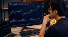 Ilustrasi trader muda sedang menganalisis grafik candlestick Bitcoin di layar komputer modern