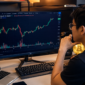 Ilustrasi trader muda sedang menganalisis grafik candlestick Bitcoin di layar komputer modern