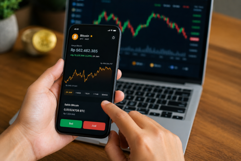 Cara Investasi Bitcoin untuk Pemula Agar Tidak Rugi. Foto : Ilustrasi investor pemula memantau pergerakan harga Bitcoin melalui aplikasi aset kripto. Memahami strategi investasi yang tepat menjadi kunci untuk mengurangi risiko kerugian di tengah volatilitas pasar cryptocurrency.