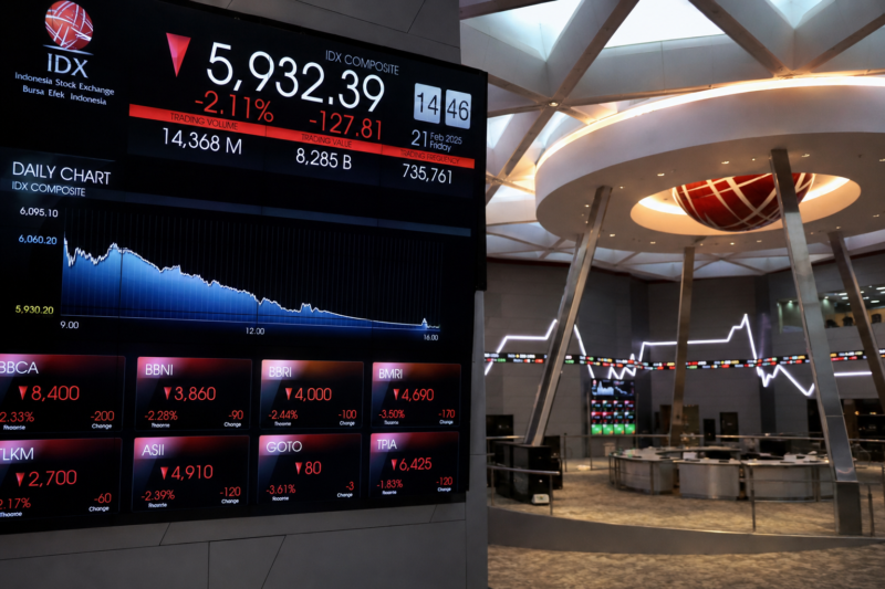 Teks Foto:

Layar elektronik menampilkan pergerakan Indeks Harga Saham Gabungan (IHSG) di Bursa Efek Indonesia (BEI). Otoritas Jasa Keuangan (OJK) mencatat investor asing melakukan aksi jual bersih (net sell) sebesar Rp71,68 triliun hingga 26 Juni 2026, di tengah tekanan terhadap pasar modal Indonesia. Ilustrasi.