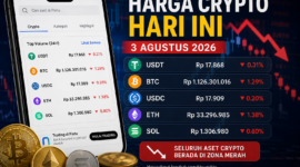 Harga Crypto Hari Ini 3 Agustus 2026: Bitcoin Turun ke Rp1,126 Miliar, Ethereum dan Solana Ikut Melemah.