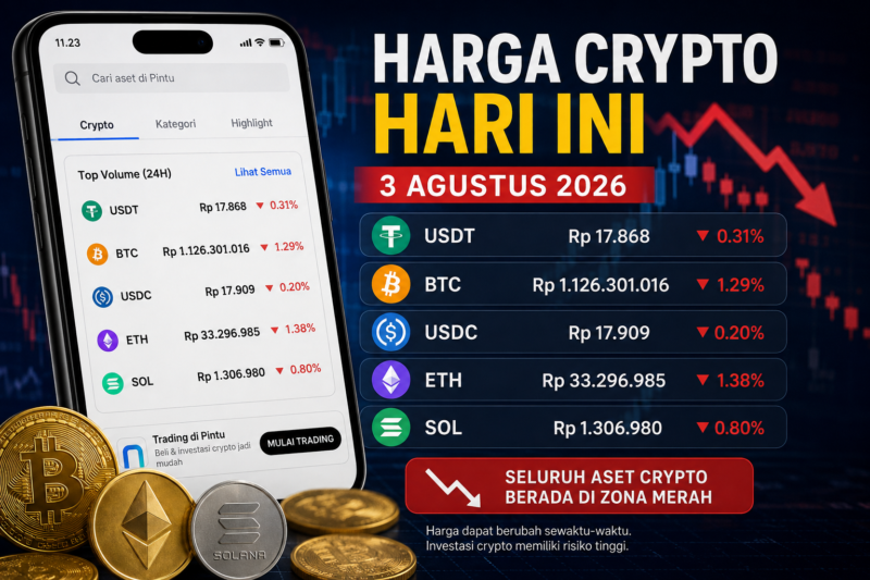 Harga Crypto Hari Ini 3 Agustus 2026: Bitcoin Turun ke Rp1,126 Miliar, Ethereum dan Solana Ikut Melemah.